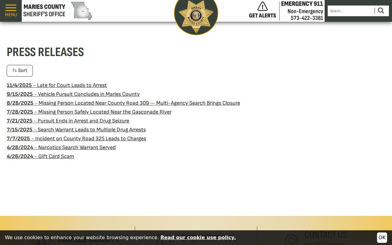 Maries County arrest history Sheriff press release archive