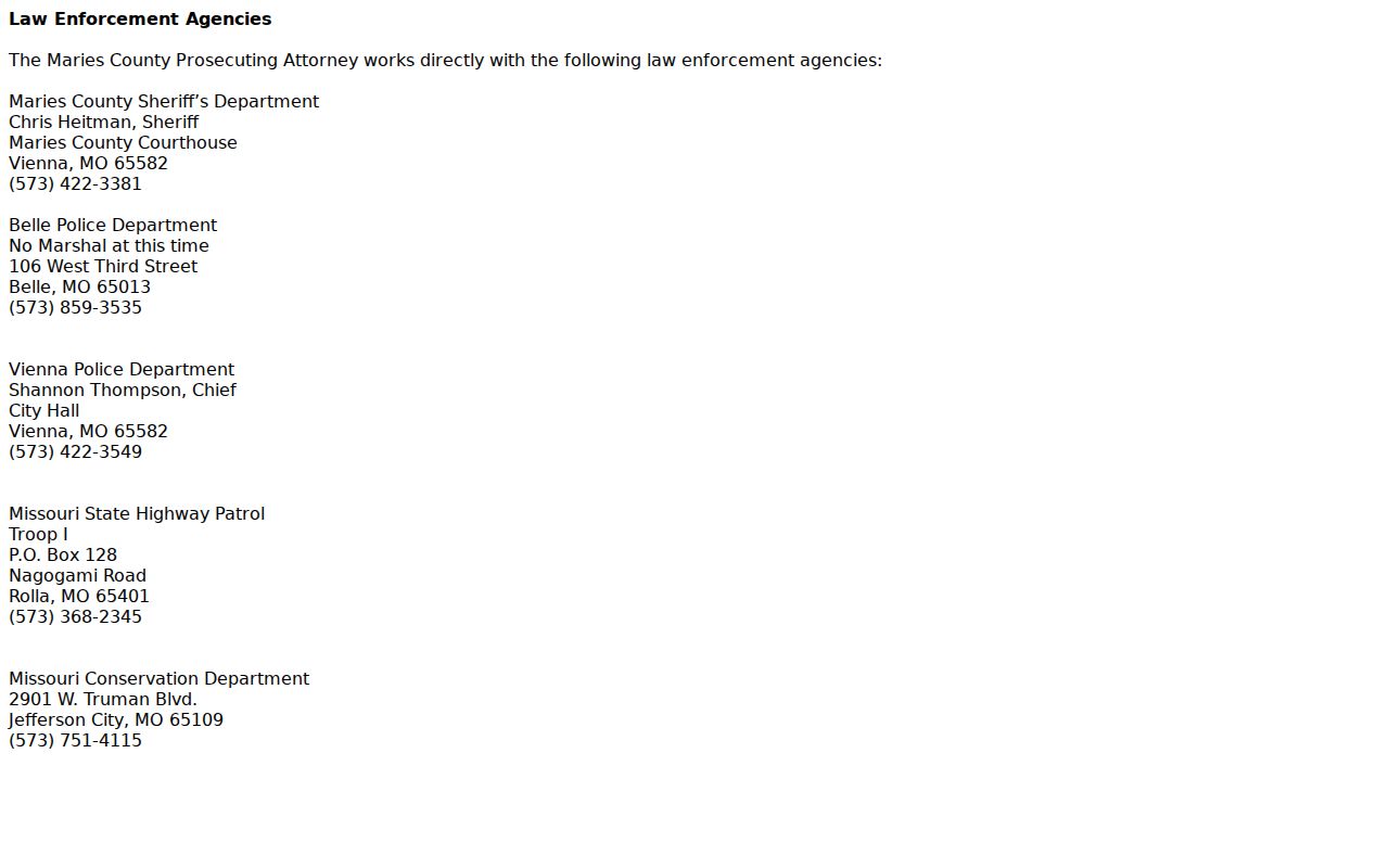 Belle Police Department criminal record contact in the Maries County directory