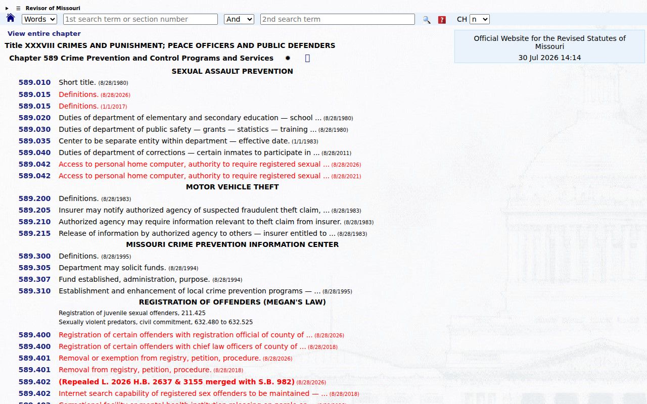 Maries County sex offender registry requirements in Missouri law