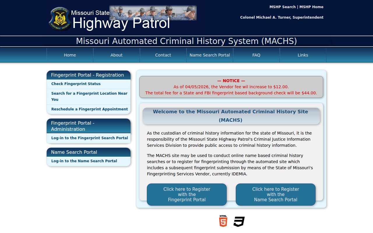 Maries County criminal history search at the official MACHS portal