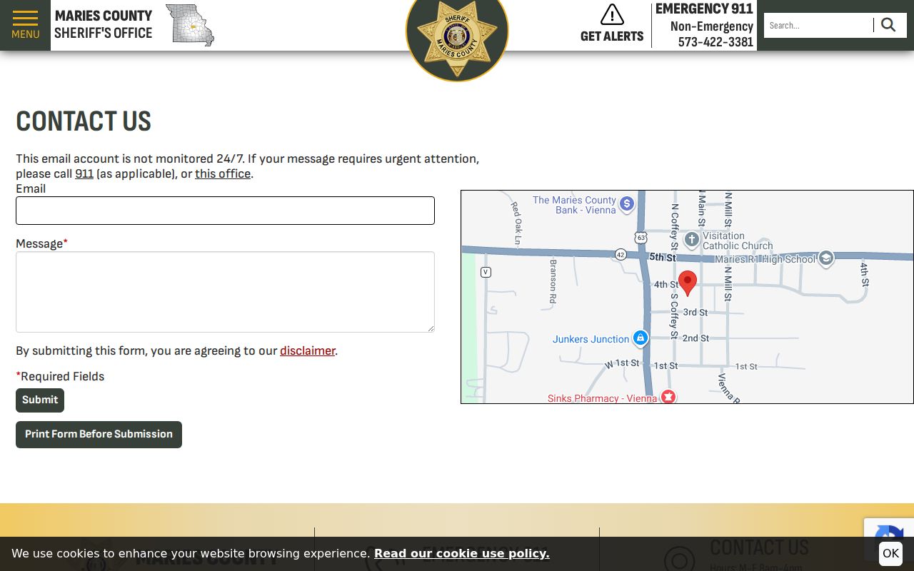 Maries County Sheriff criminal record contact form and warning